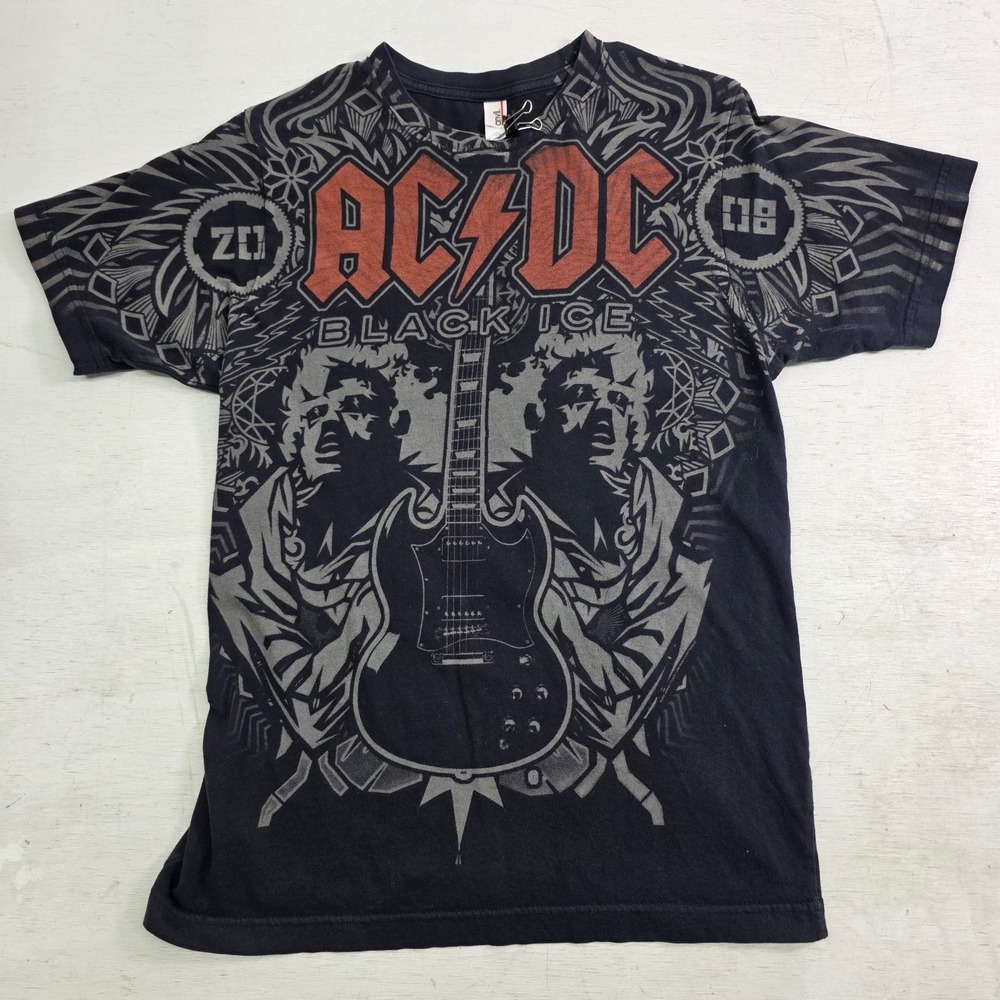 ACDC 2008 Black Ice Tour Music Band All Over Print Concert T-Shirt Mens Sz M Y2K